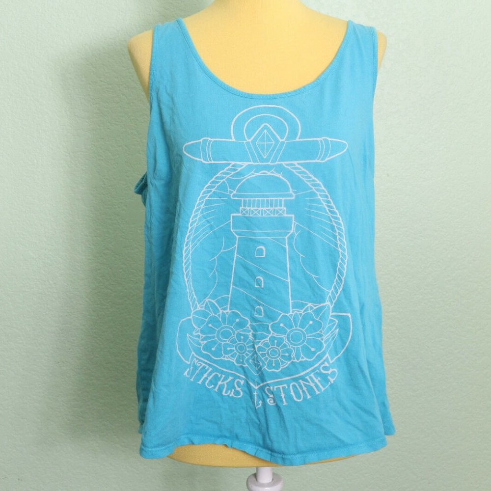 Sticks & Stones Shirt Sz XXL Girls Tank Top Blue Anchor Lighthouse Tattoo Flash